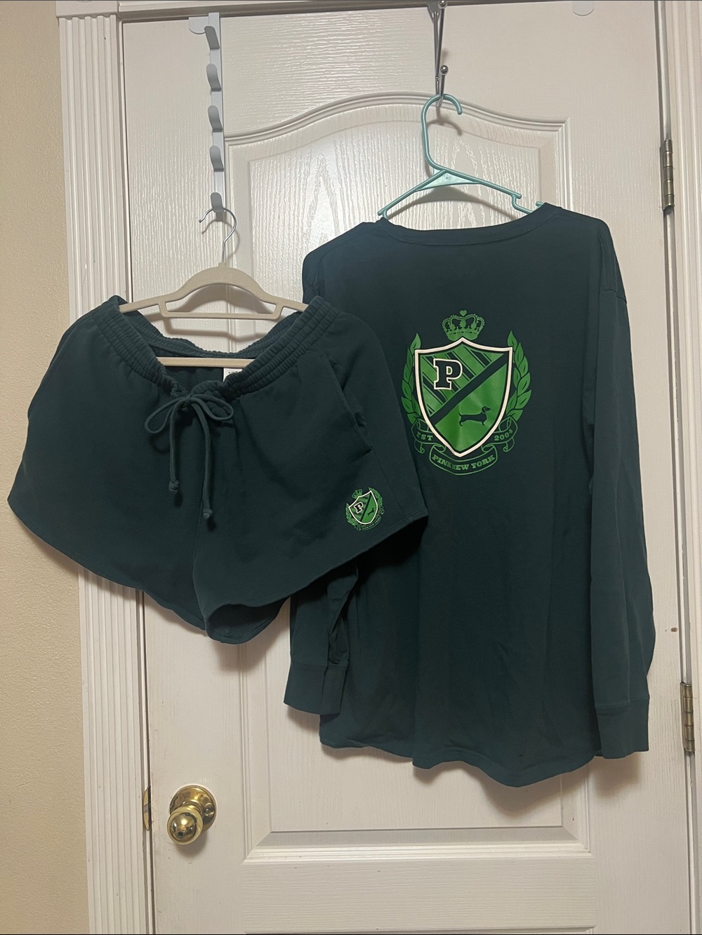PINK vs Dark Green Crest Lounge Set shorts and long sleeve tee